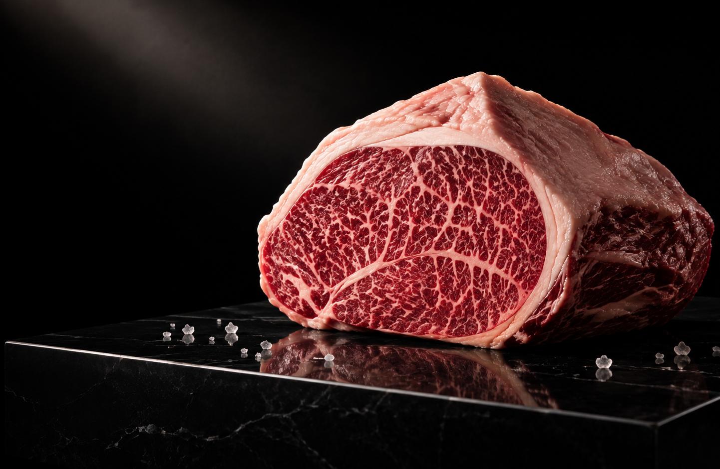 Pièce de bœuf persillée sur marbre noir